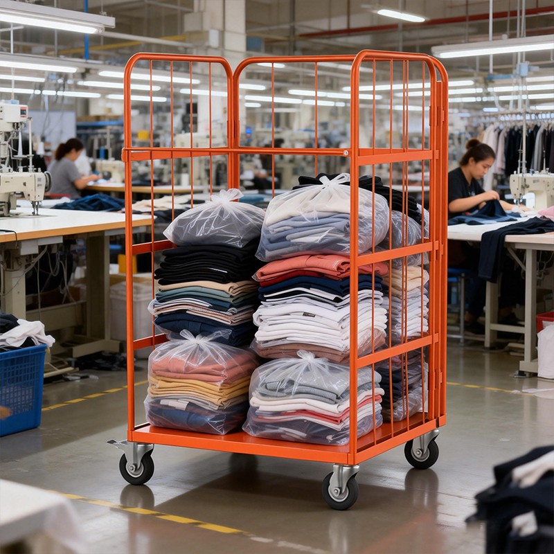 textile roll cage, garment factory trolley, apparel logistics cage, laundry sorting cart, industrial fabric trolley, sewing room organizer, linen distribution cage, garment transit container, cloth sorting trolley, mobile garment bin