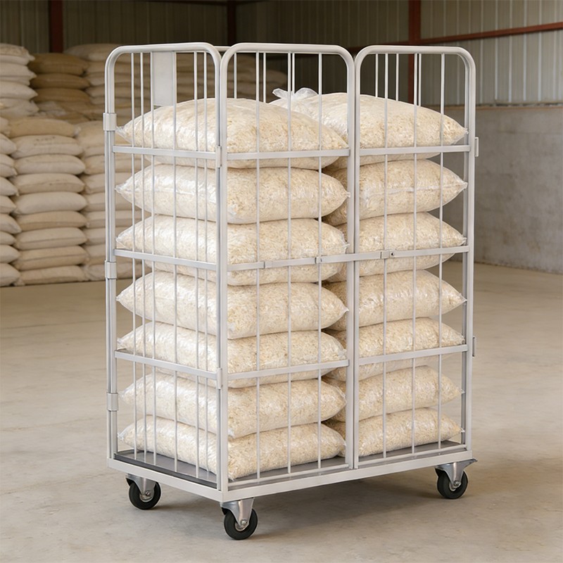 bulk bag roll cage, grain storage trolley, flour distribution cart, industrial mesh container, feed logistics cage, warehouse bag trolley, 850x650 roll cage, steel storage stillage, agricultural logistics cart, mobile bulk bin