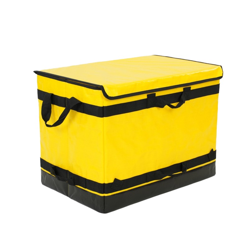 standardized sorting totes, 108L collapsible courier bags, industrial rack containers, uniform parcel organizers, yellow laminated woven bags wholesale, folding transit sacks, double slider zipper totes, vehicle shelf sorting bags, large capacity del