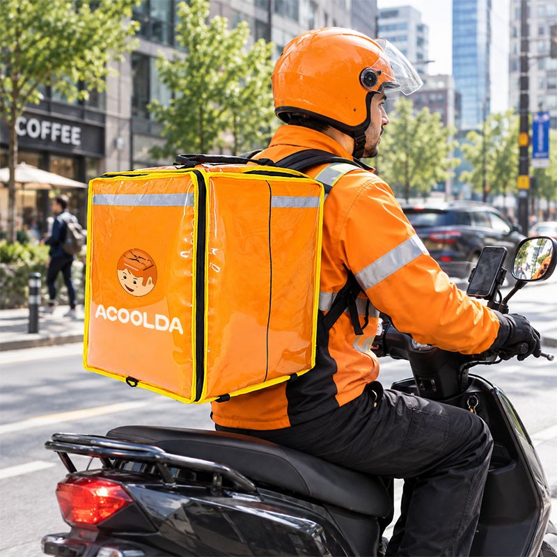 orange insulated food delivery backpack, food delivery bag with long handles, delivery backpack with internal shelf, 30cm depth courier backpack, front opening takeaway bag, orange restaurant delivery bag, PVC insulated courier bag, reflective orange
