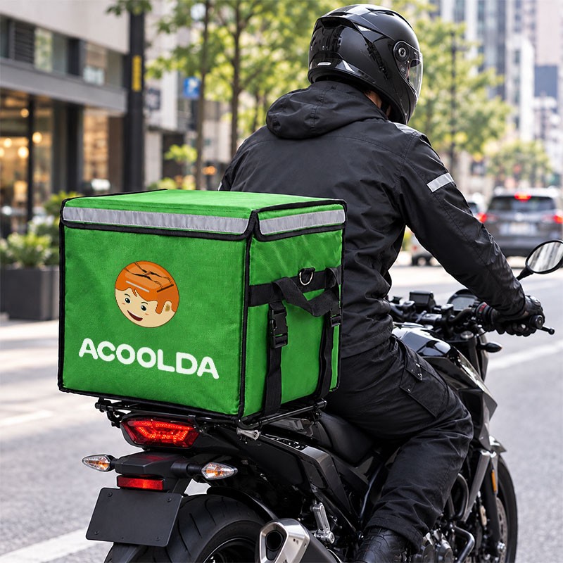 rear mounted motorcycle food delivery box, 62L scooter delivery box, 1680D insulated delivery box, top opening motorcycle food box, restaurant scooter delivery carrier, green rear rack delivery bag, reflective motorcycle takeaway box, vehicle mounted