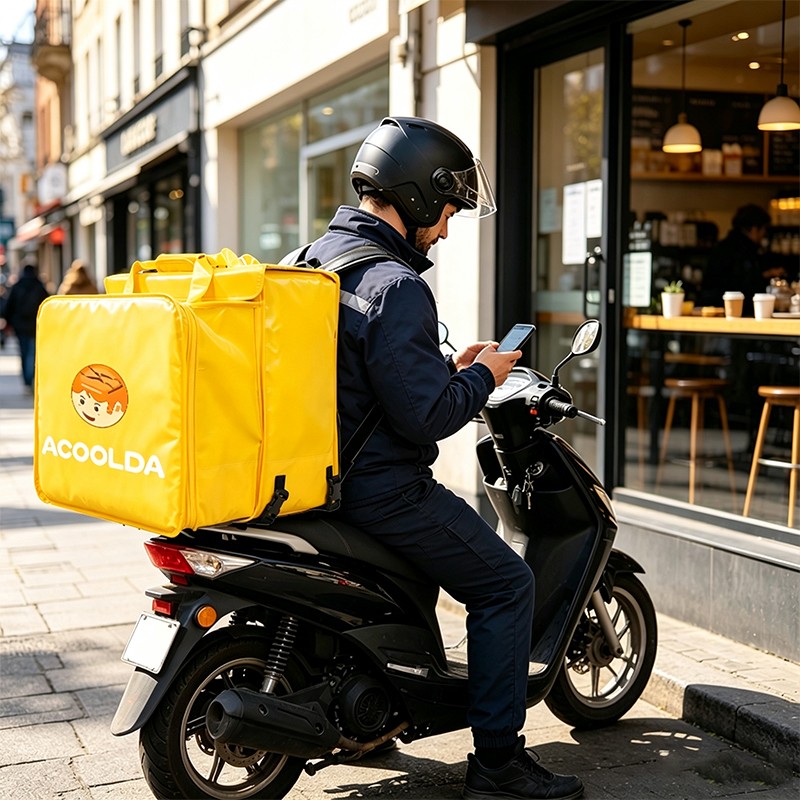 dual compartment food delivery backpack, 70L yellow delivery bag, food delivery backpack with rain cover, front and rear compartment courier bag, yellow takeaway backpack, top access food delivery bag, front opening insulated backpack, restaurant ord